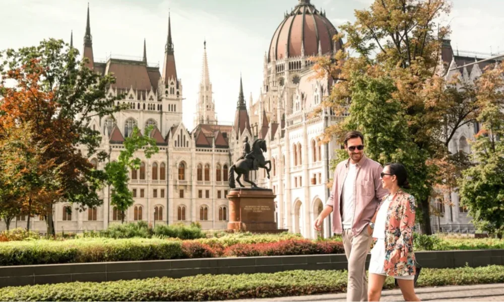 Couple walking past Hungarian Parliament building