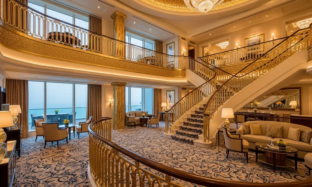Luxurious gold and white multi-level lobby 