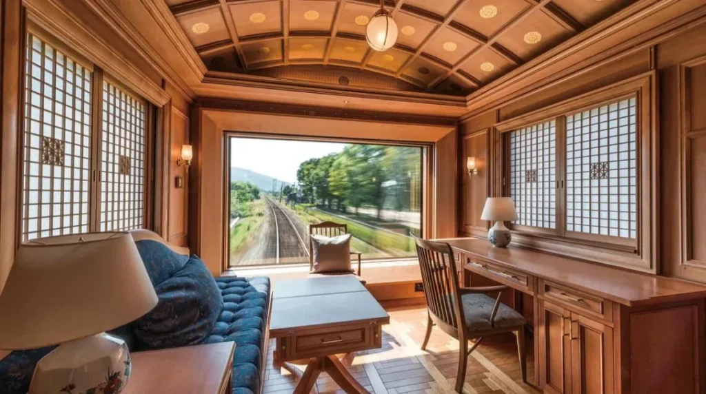 Luxurious train cabin with large window overlooking tracks