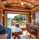 Luxurious train cabin with large window overlooking tracks