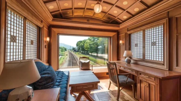 Luxurious train cabin with large window overlooking tracks