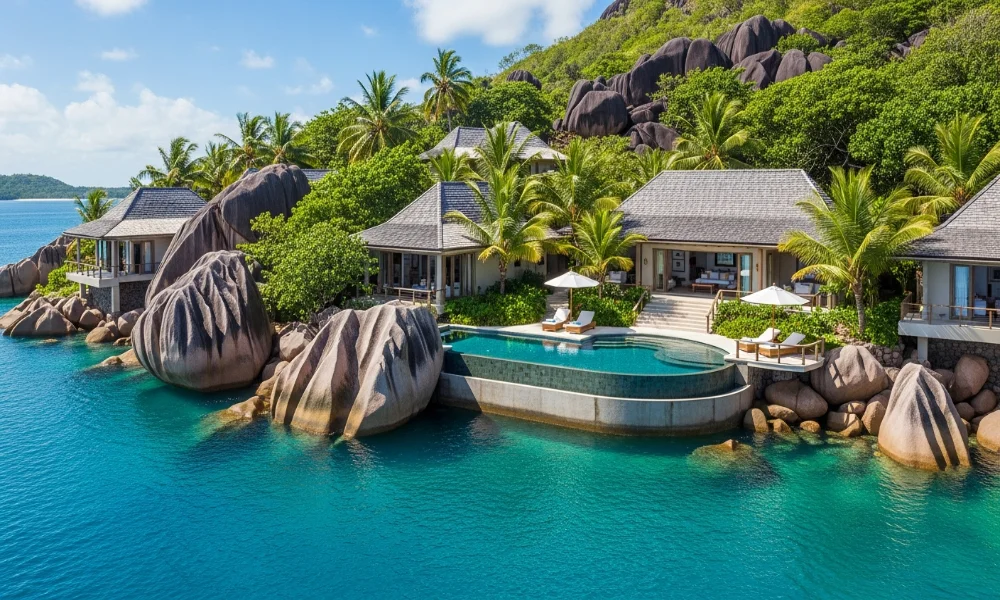 luxury resorts , pool, rocks, and ocean