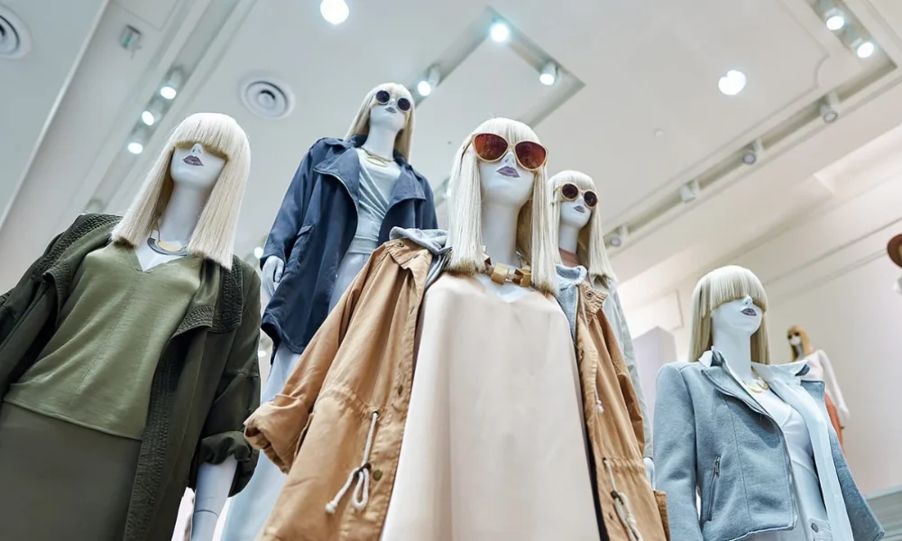 Mannequins with blonde wigs and stylish clothes