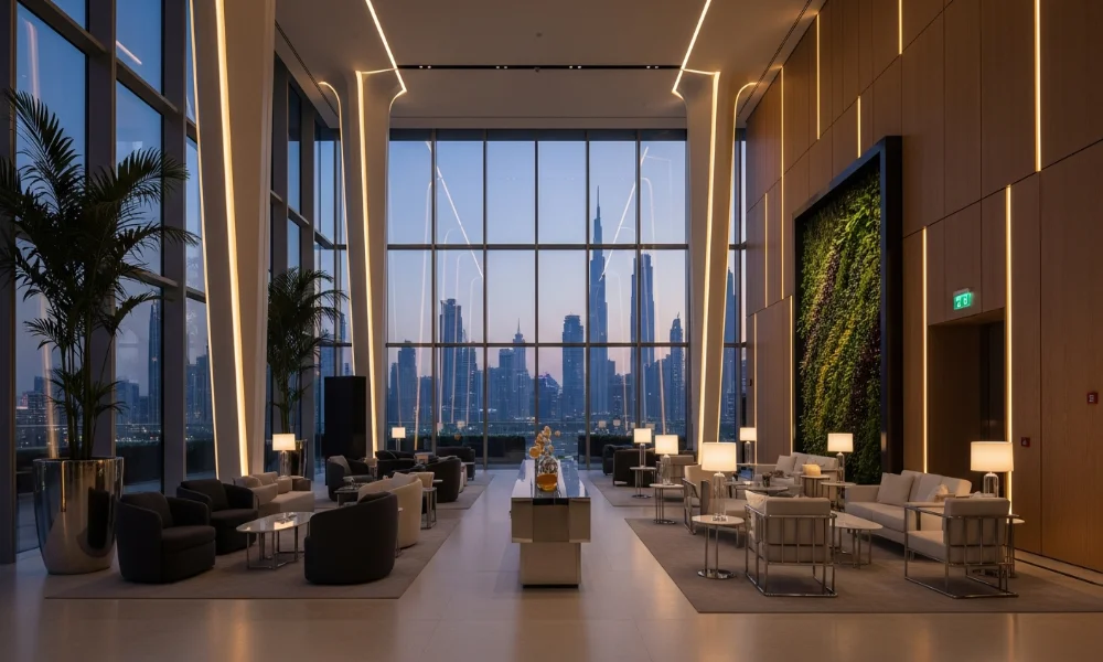 Modern lounge with city skyline view at dusk