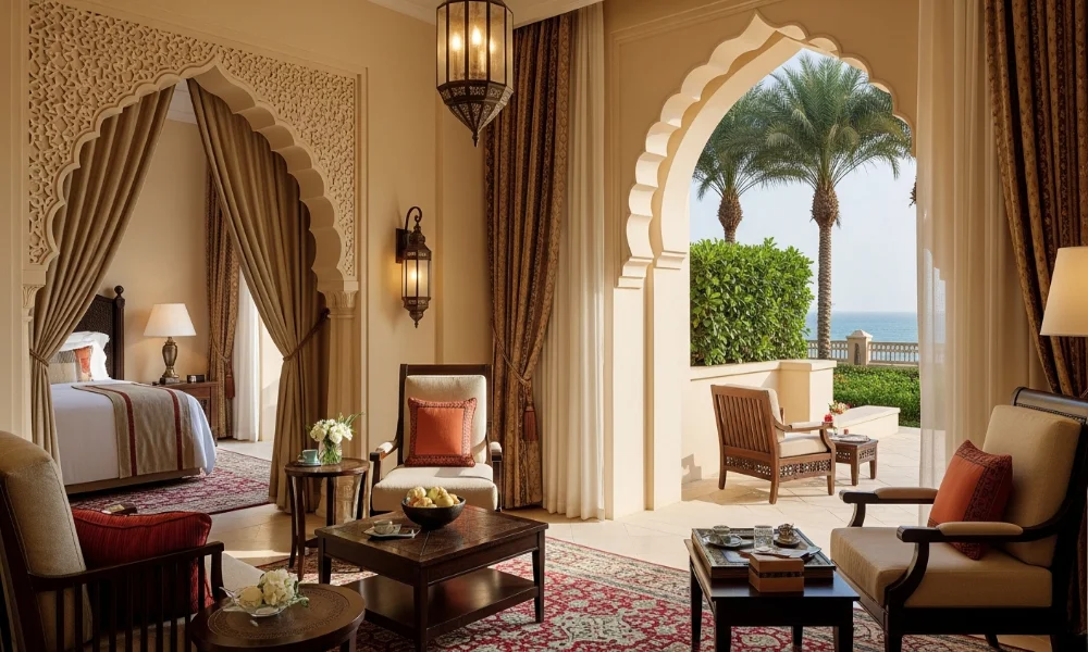 Ornate suite with bedroom, living area, and balcony