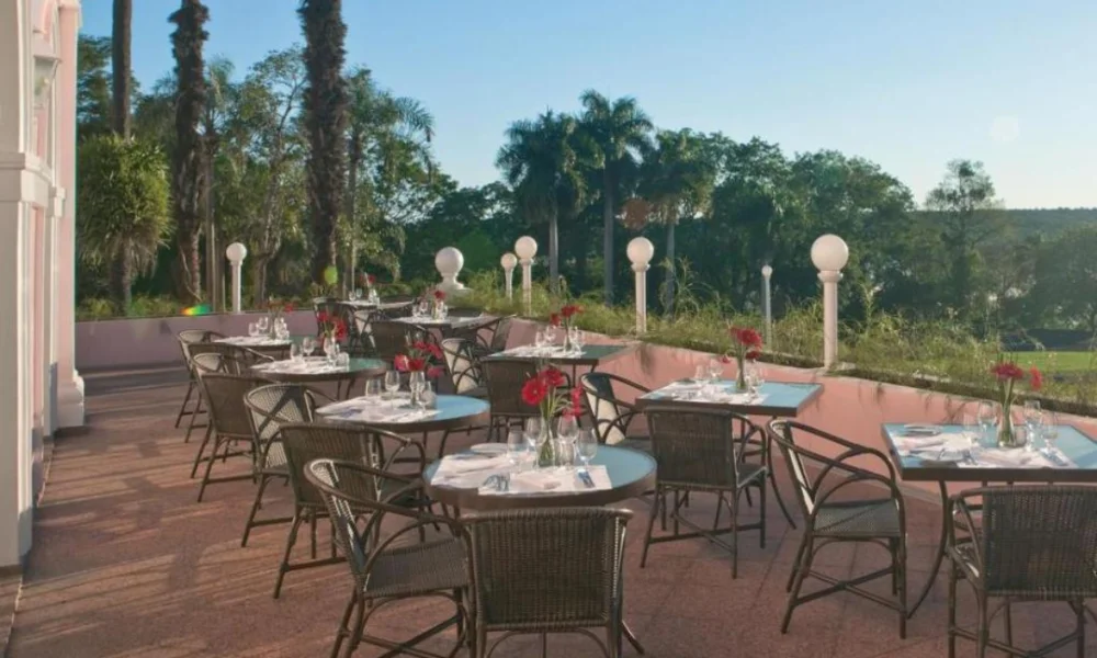 Outdoor restaurant patio with tables, chairs, and red flowers.