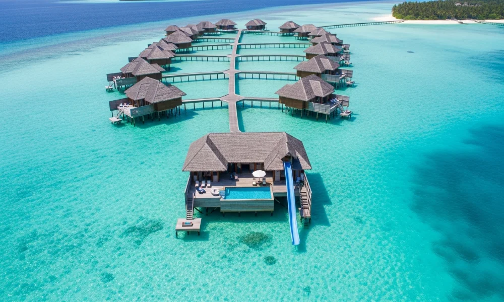 Overwater bungalows with slides into turquoise water
