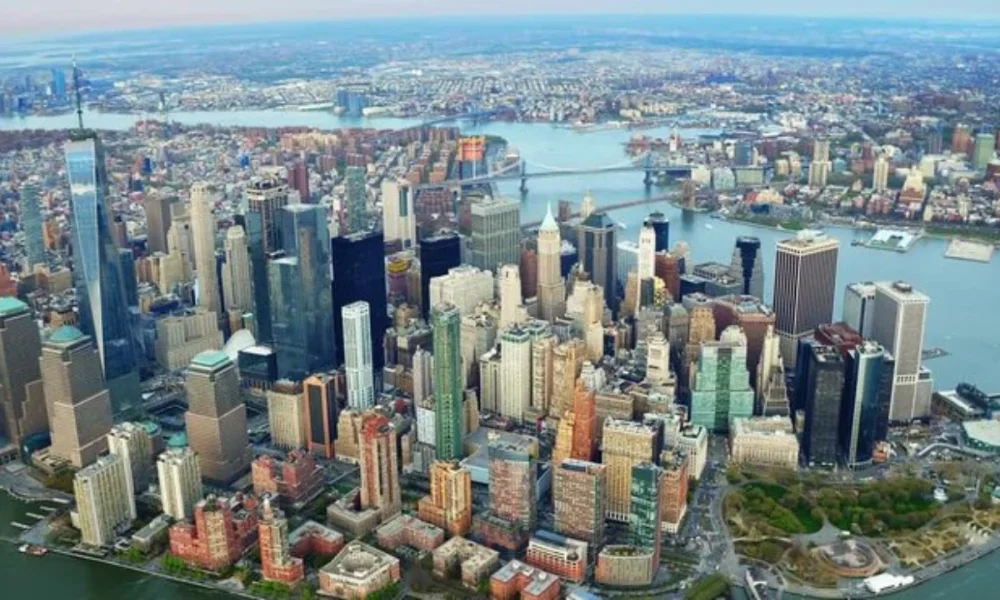 Aerial view of New York City skyline and rivers