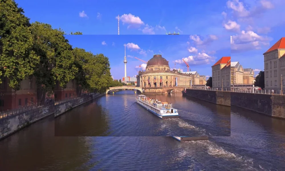Berlin cityscape with river, boat, and buildings