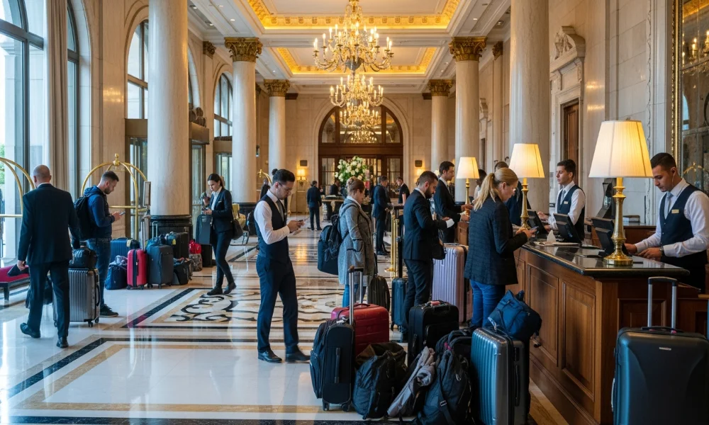 busy hotel lobby with guests and staff