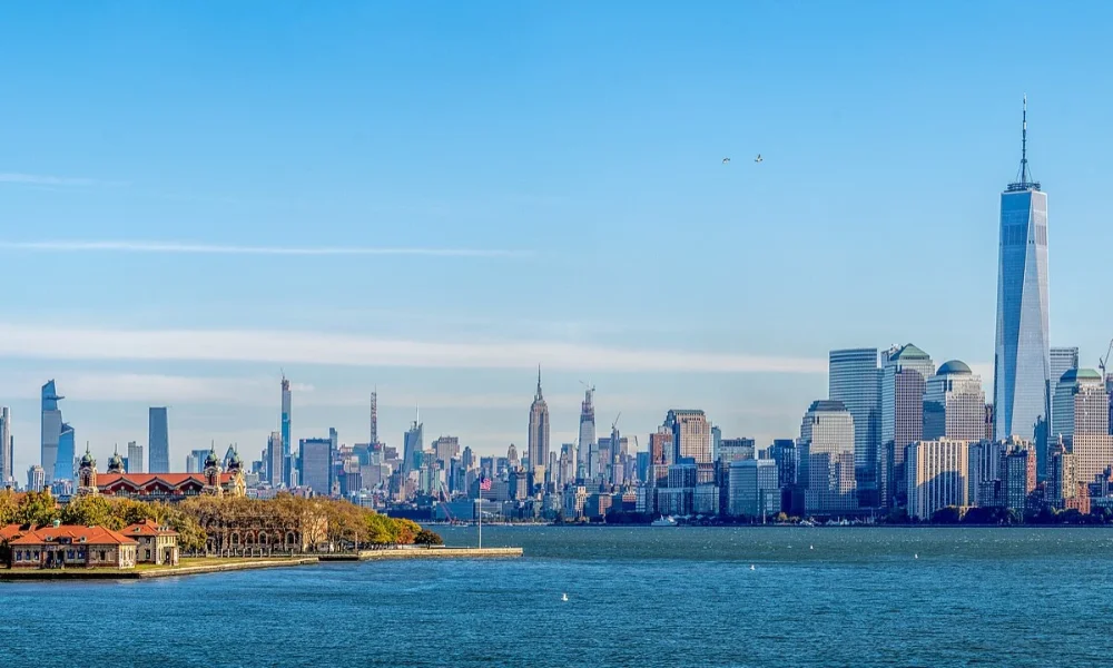 Ellis Island with Manhattan skyline behind
