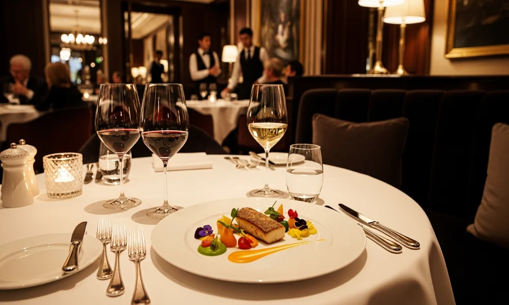 fine dining table with plated fish wine and blurred restaurant background