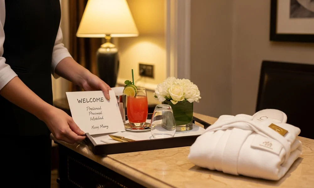 hotel staff placing welcome note on tray