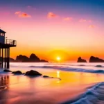 Lifeguard tower at sunset with ocean waves