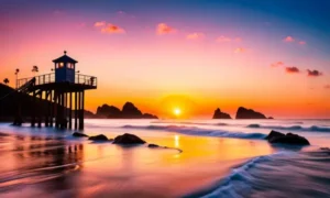 Lifeguard tower at sunset with ocean waves