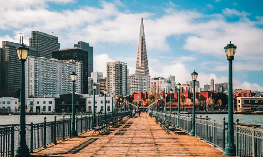 Pier with city skyline and Transamerica Pyramid