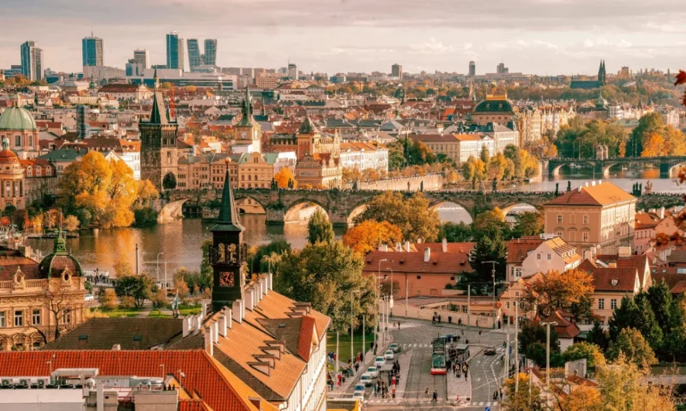 Prague cityscape with bridges over river