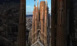 Sagrada Familia from above, city background
