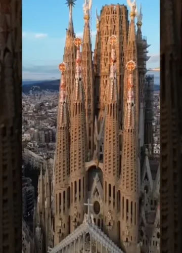 Sagrada Familia from above, city background