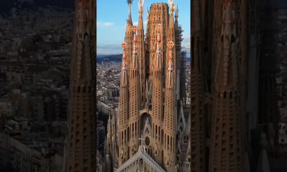 Sagrada Familia from above, city background