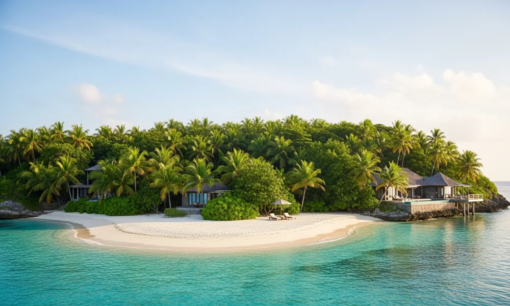 Tropical island with white sand beach and villas