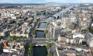 Aerial view of Dublin city with Liffey River
