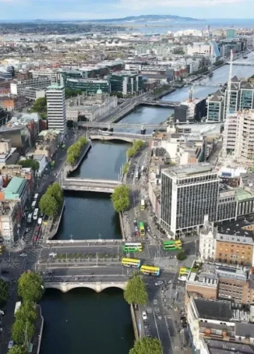 Aerial view of Dublin city with Liffey River