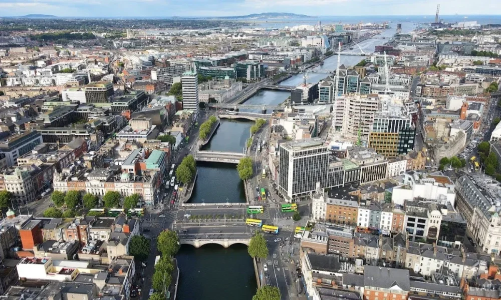 Aerial view of Dublin city with Liffey River
