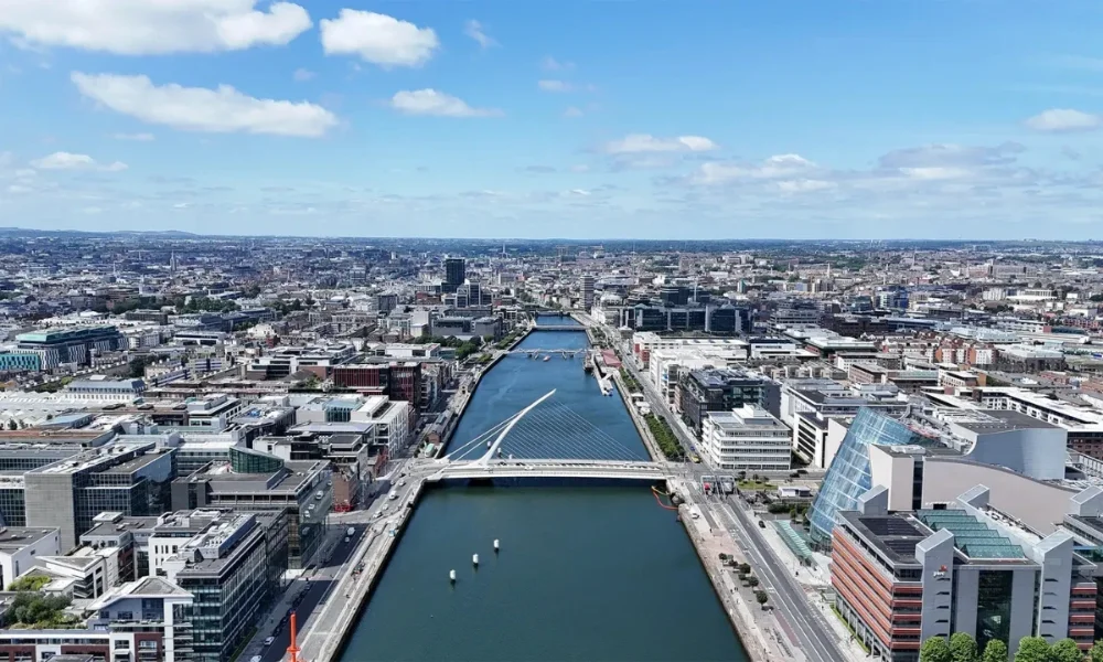 Aerial view of Dublin city with River Liffey