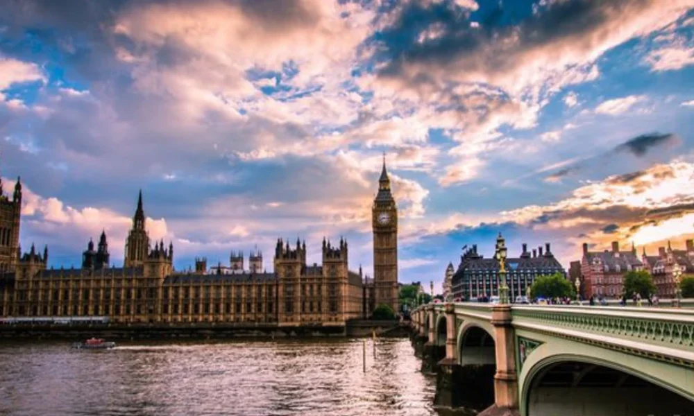 Big Ben, Parliament, bridge over Thames at sunset