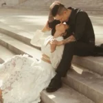 Couple embracing on stone steps