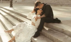 Couple embracing on stone steps