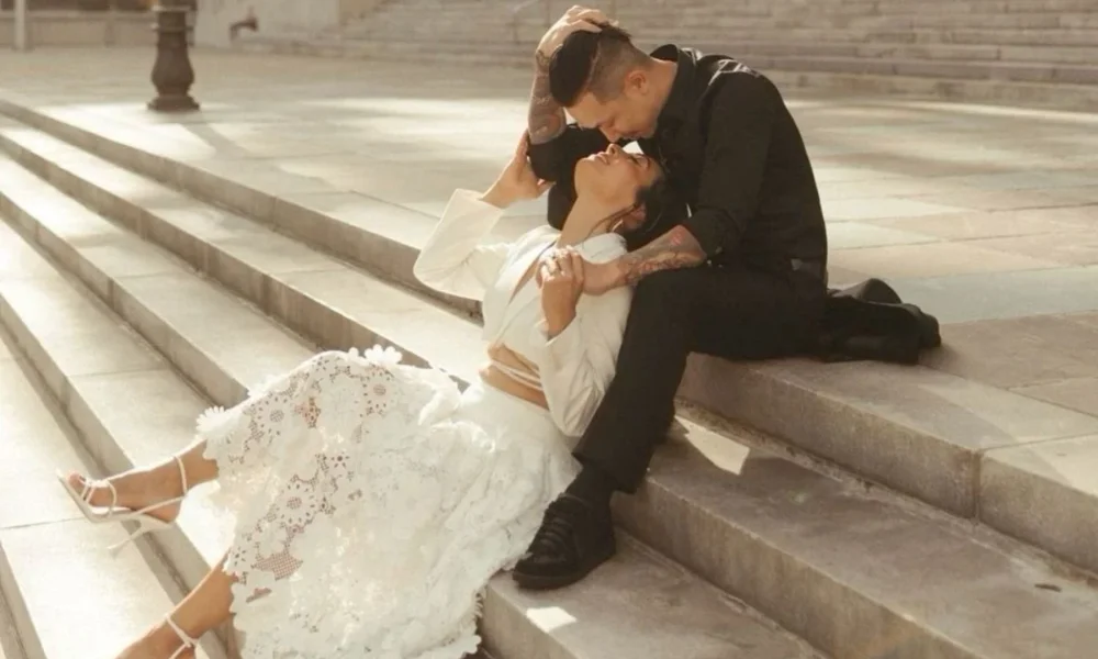 Couple embracing on stone steps