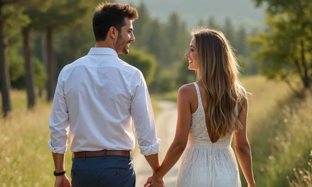 Couple holding hands, walking on a path