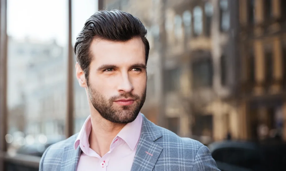 Man in plaid jacket and pink shirt looking right