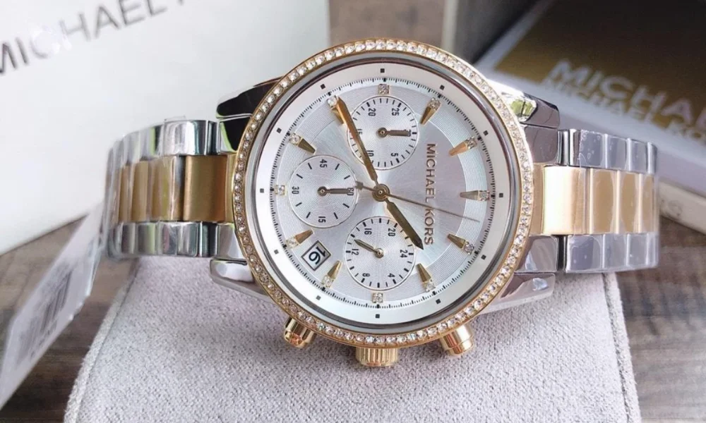 Michael Kors watch, silver and gold, diamond bezel