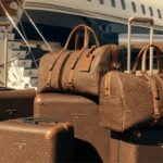 Brown Michael Kors luggage in front of a private jet