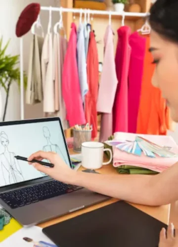 Fashion designer sketching on laptop