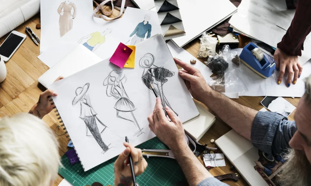 Fashion designers sketching at a wooden table