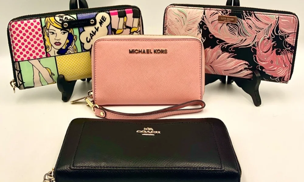 Four designer wallets, various colors and patterns