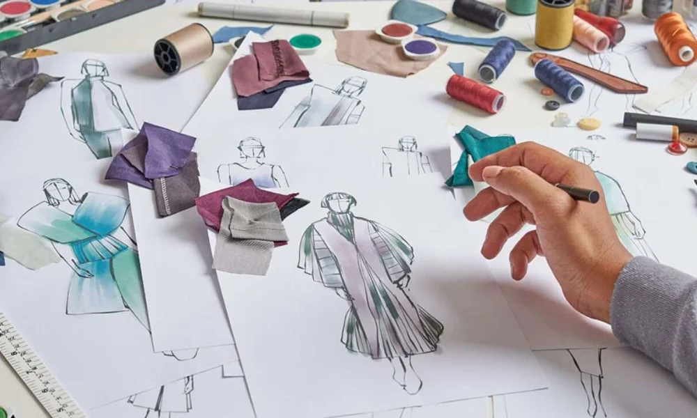 Hand sketching fashion designs with fabric swatches
