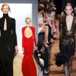 Models in sequined dresses on a runway