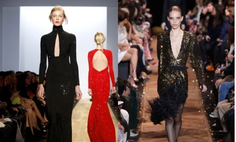 Models in sequined dresses on a runway