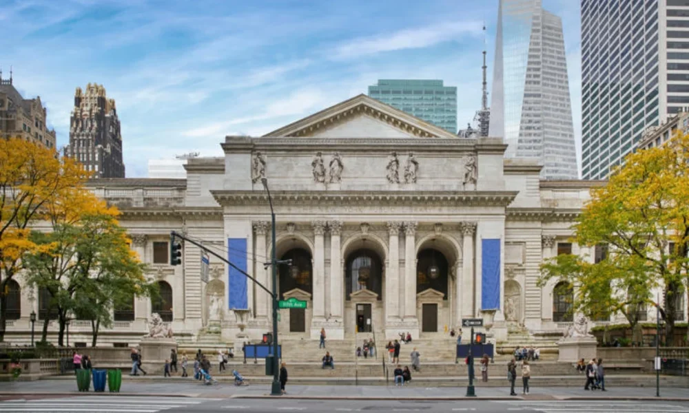 New York Public Library, autumn trees, people