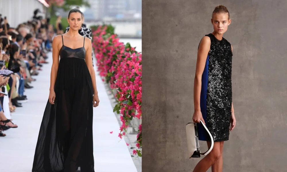 Two models in black dresses, one on runway