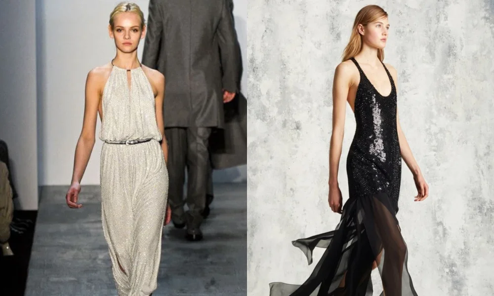 Two models in sequined dresses.