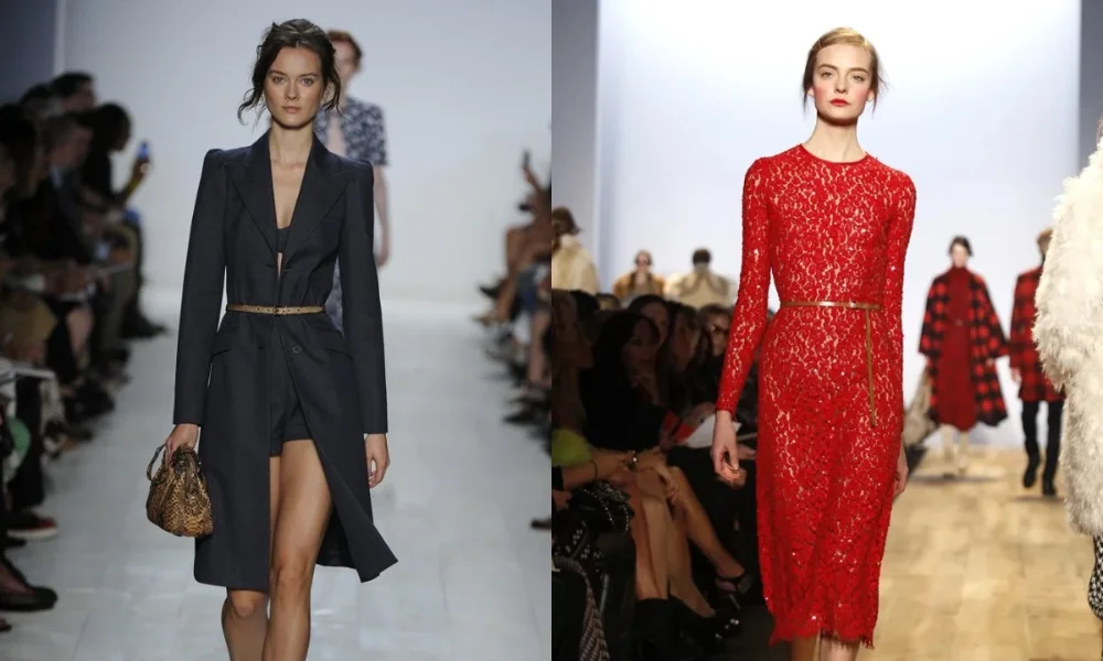 Two models on a runway, one in dark coat, one in red lace dress.