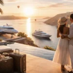 Couple overlooking luxury coastal resort with yacht and jet at sunset