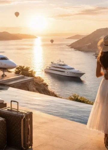 Couple overlooking luxury coastal resort with yacht and jet at sunset