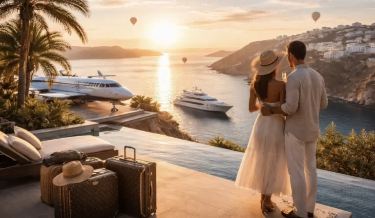 Couple overlooking luxury coastal resort with yacht and jet at sunset